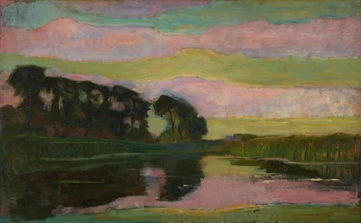 Flusslandschaft mit einer Baumreihe links, Himmel mit rosa und gelb-grünen Bändern: Bauernhof am Gein, abgeschirmt von hohen Bäumen, ca. Ende 1907-08